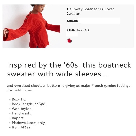 NWT Madewell Red Calloway Pullover Sweater Wool Blend Wide Sleeves Boatneck Boxy - Picture 11 of 15
